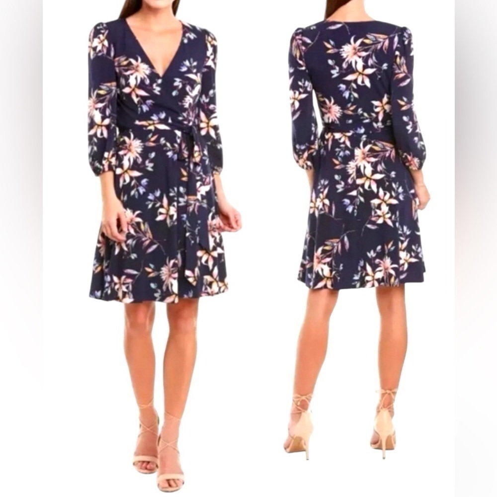 NWT NEW Eliza J Women’s Dress Size 2 Navy Floral Pattern Faux Wrap 3/4 Sleeves